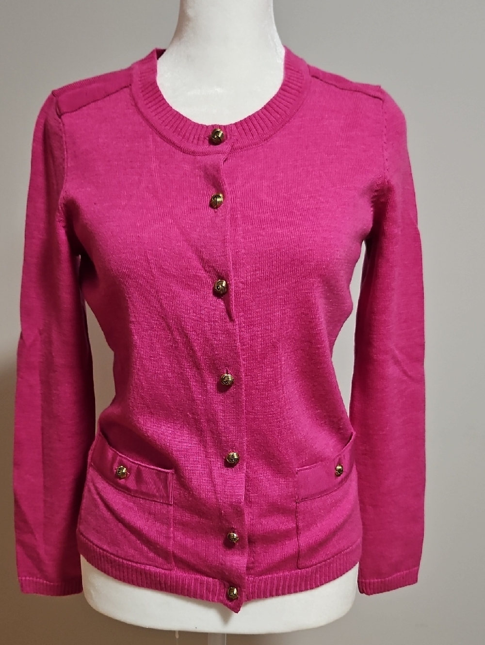 Talbots Fuchsia Button-Front Cardigan with Gold Buttons